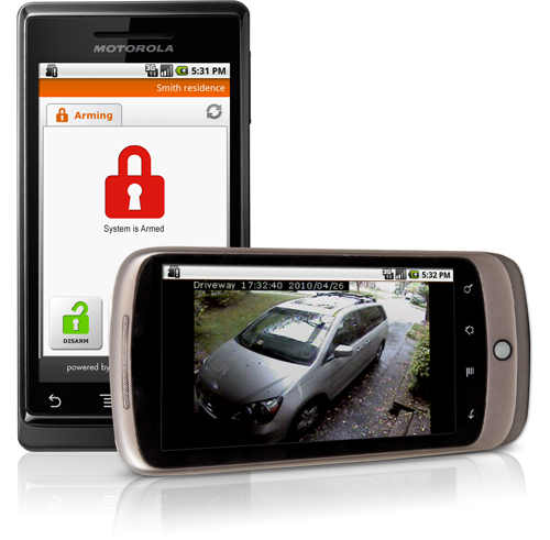 Phones displaying video footage and interactive security services. 